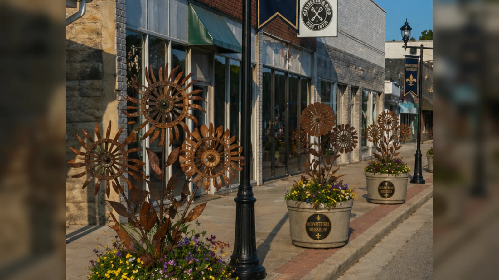 Wide concept view of Bonne Terre streetscape with rust-toned metal flower and sunburst sculptures integrated into downtown planters